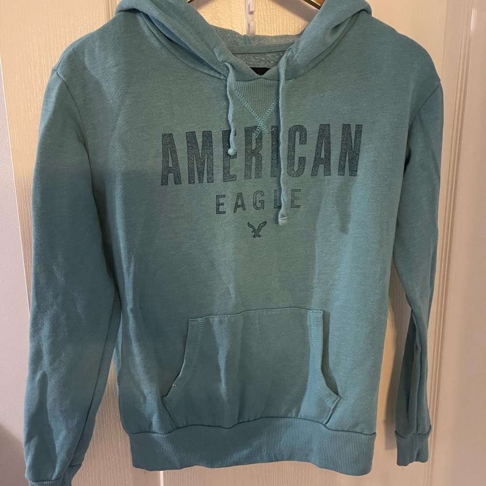 American Eagle Outfitters Teal Blue Graphic Logo Pullover Hoodie Mens Small